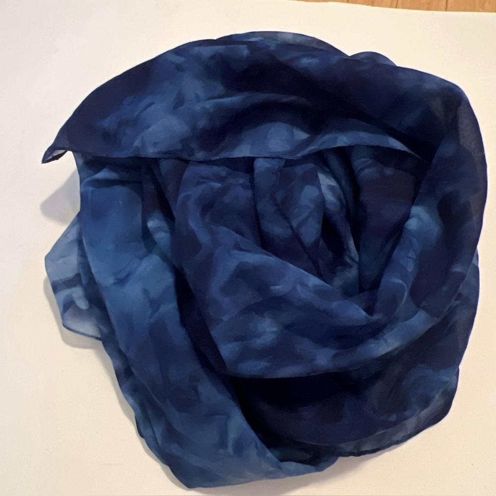 Blue Transparent Tie Dye Floral Large Wrap Shawl Scarf 41x71”